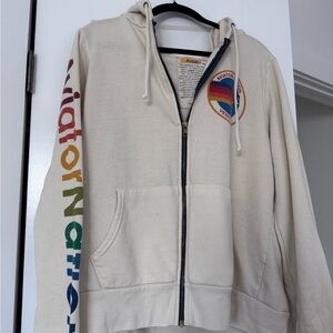 Aviator Nation Cream Hoodie with Rainbow Sleeve